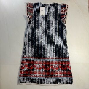 THML Blue White Red Embroidered Dress Sz S Boho Tribal Stripe